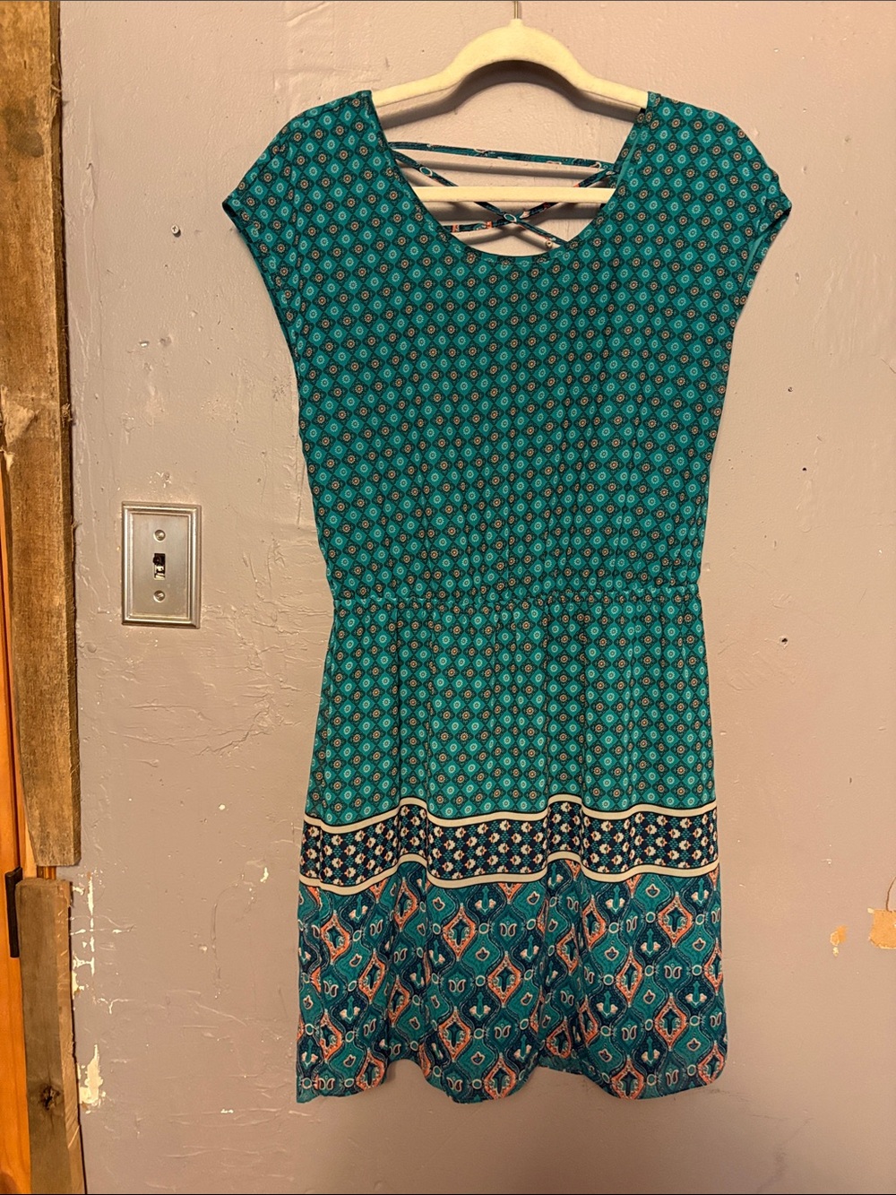 C Teal Patterned Mini Dress with Back Strap Detail